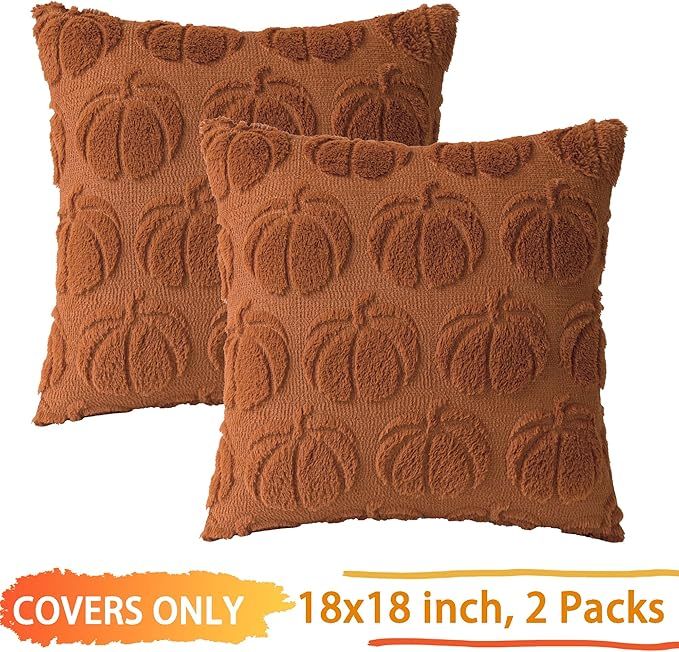 Pumpkin Fall Decorative Throw Pillow Covers 18"x18", Set of 2 Rust Red Soft Faux Fur Pillow Cover... | Amazon (US)