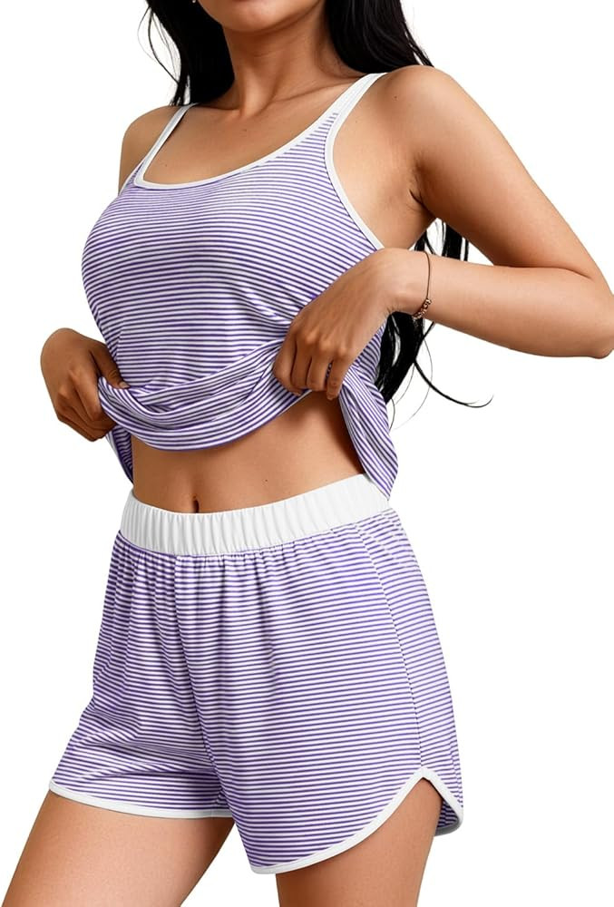 JUSTFASHIONNOW Womens Striped Tank Top Pajama Set 2 Piece Summer Cami and Shorts Pjs Set Comfy Sl... | Amazon (US)