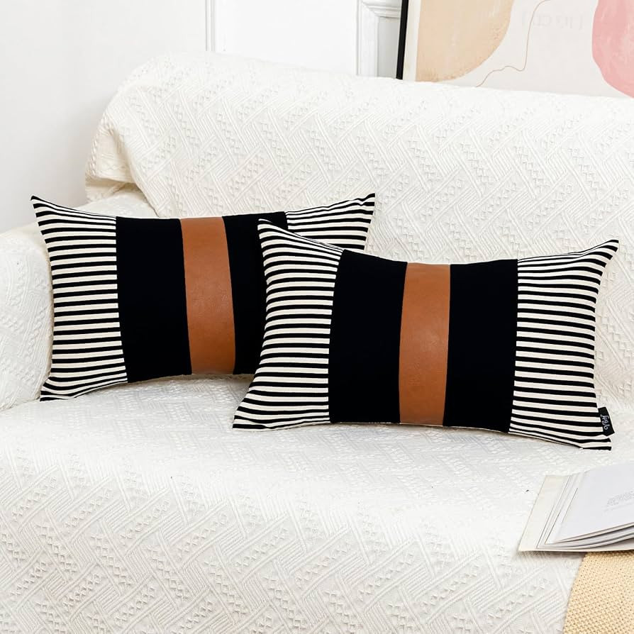 Brown and Black Decorative Pillow Cover Set of 2, Farmhouse Stripe Pillow Cover 12x20 Modern Faux... | Amazon (US)