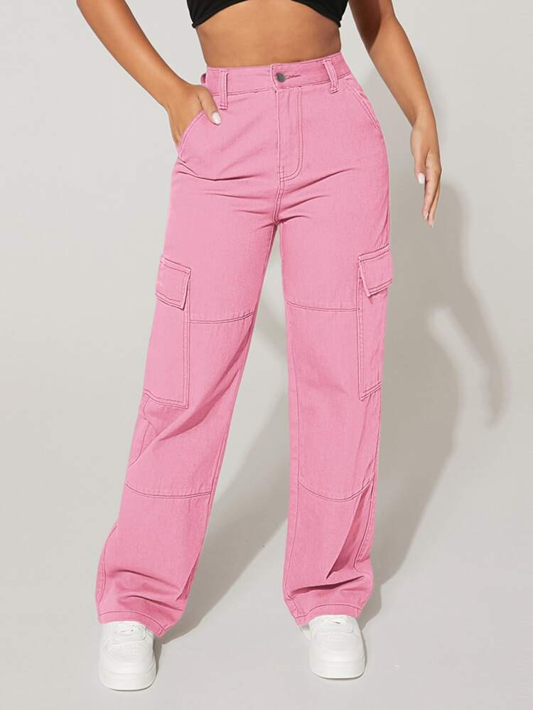 SHEIN PETITE High Waist Flap Pocket Cargo Jeans | SHEIN