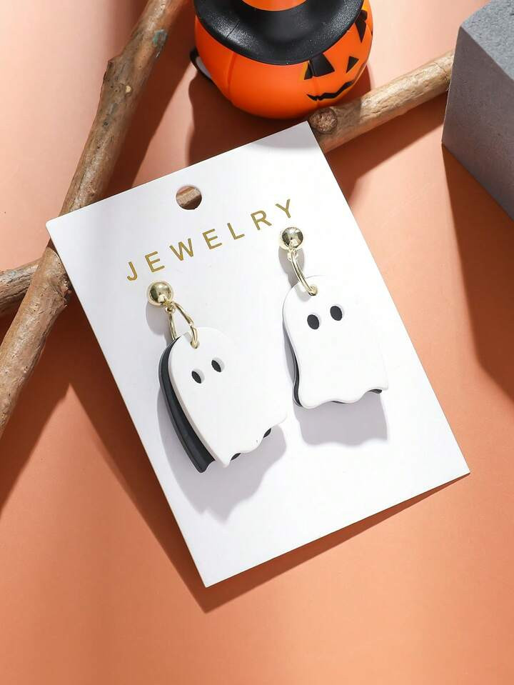 1pair Women's Double-Layered Black & White Ghost Polymer Clay Halloween Party Acrylic Earrings | SHEIN