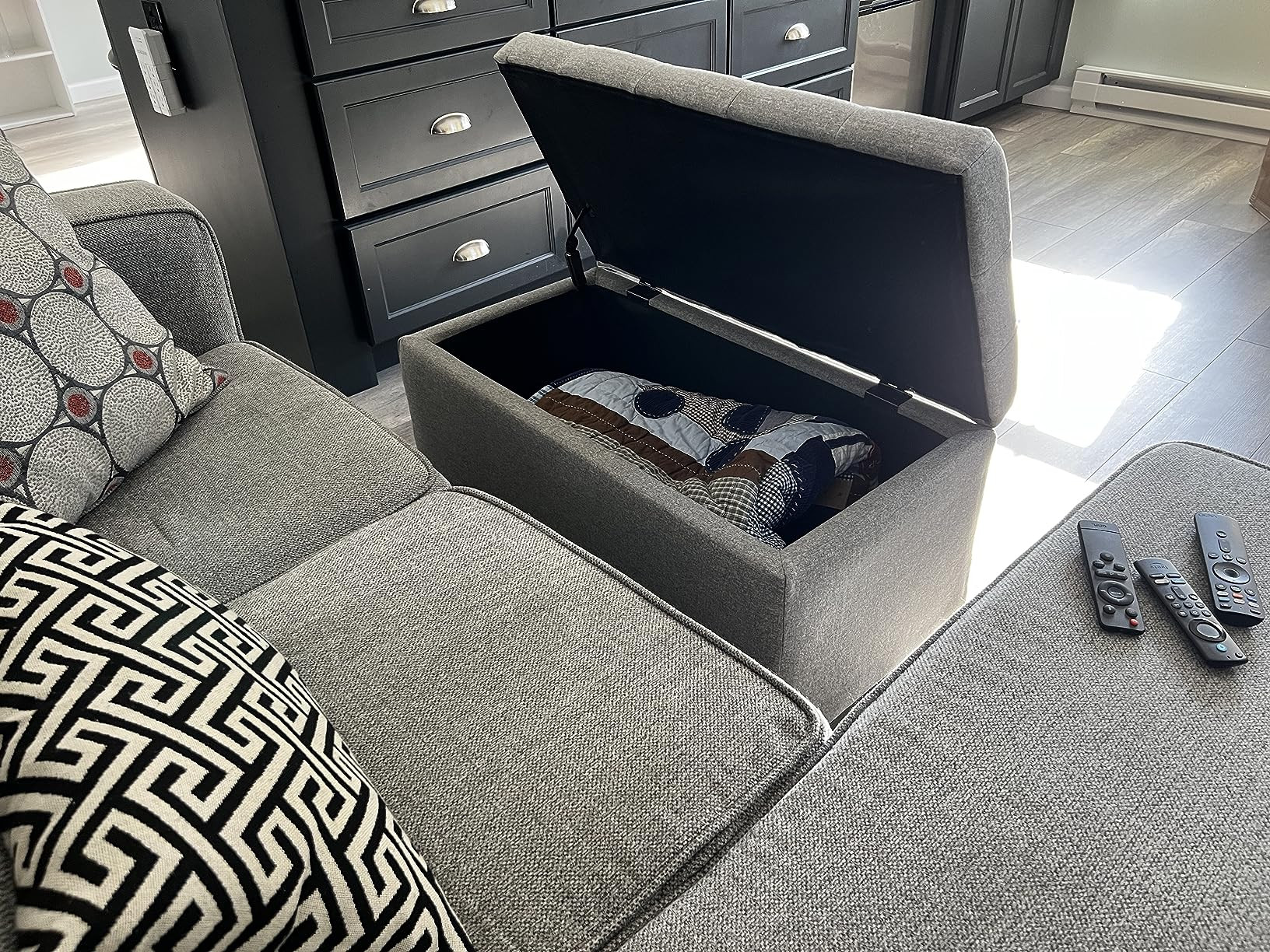 SIMPLIHOME Cosmopolitan 34 inch Wide Rectangle Lift Top Storage Ottoman in Upholstered Stone Grey... | Amazon (US)