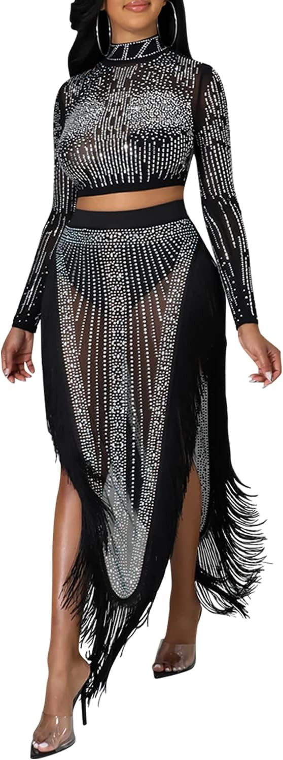 PORRCEY Women Sexy Rhinestone Long Sleeve Mesh See Through Party Club Night Formal Evening Dress | Amazon (US)