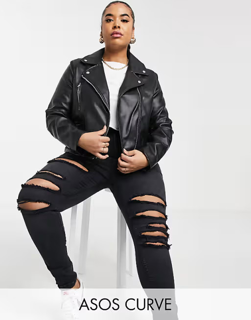 ASOS DESIGN Curve ultimate faux leather biker jacket in black | ASOS (Global)