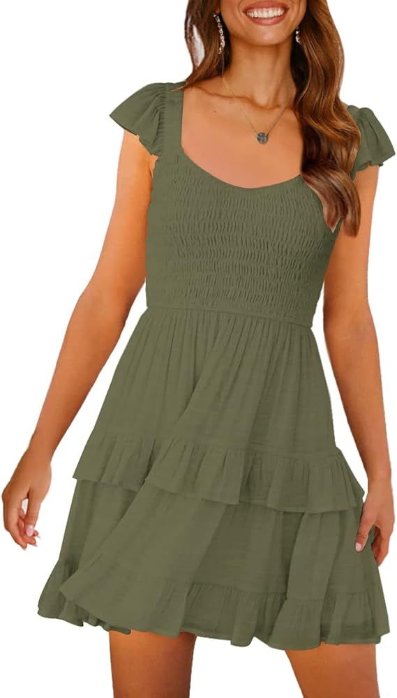 LEANI Womens Summer Babydoll Dresses Boho Smocked Ruffle Beach Swing Mini Sundress | Amazon (US)