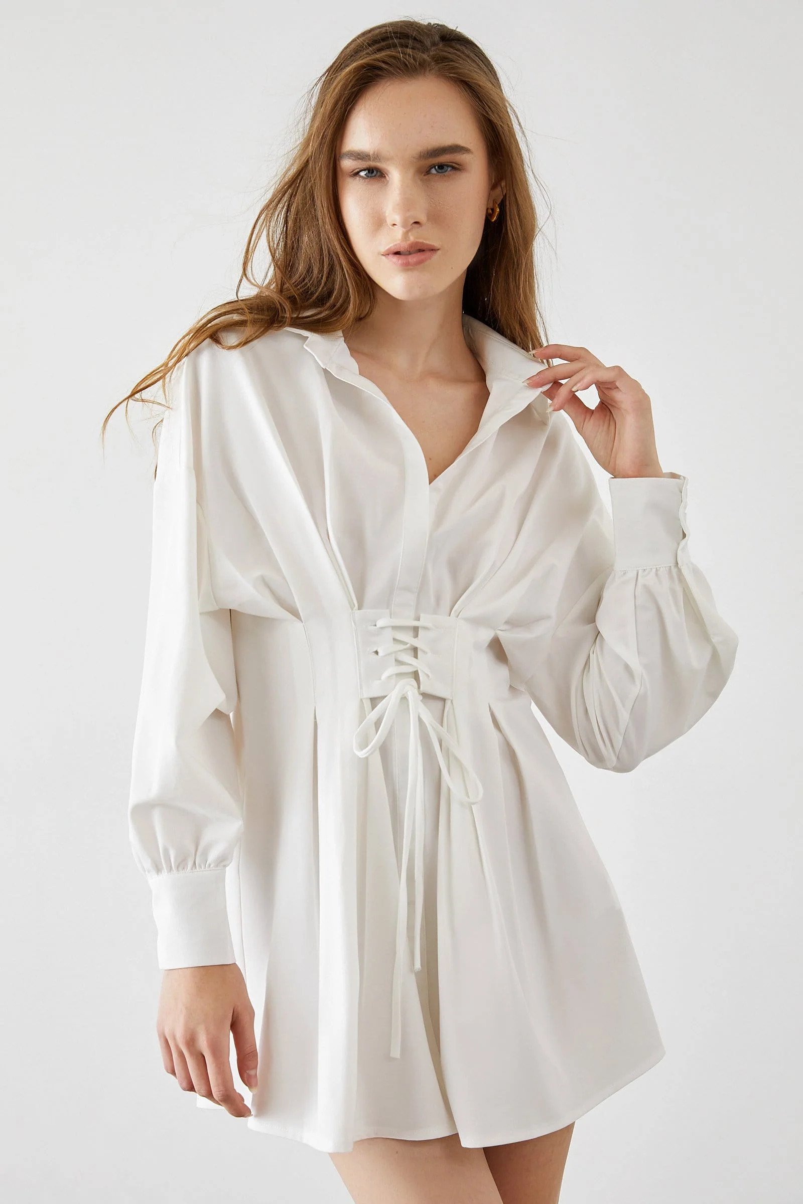 Adalie White Cinched Waist Shirt Dress | J.ING