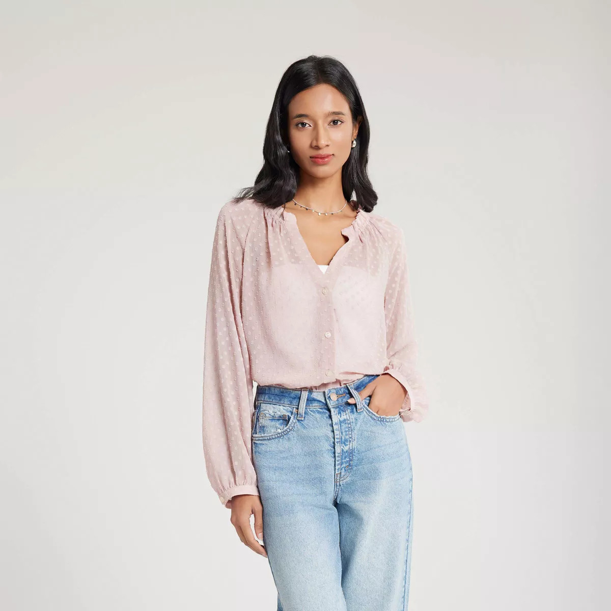 Women's Ruffled Neck Raglan Sleeves Blouse - A New Day™ Pale Pink XS | Target