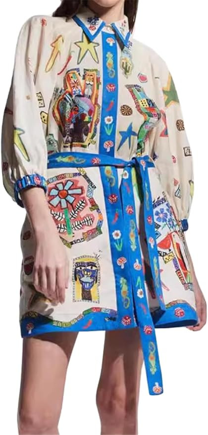 Women's Half Puff Sleeve Lapel V Neck Button Printed Bodycon Sexy Nightclub Party Belted Holiday ... | Amazon (US)