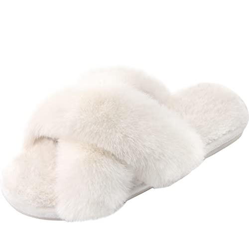 Parlovable Women's Cross Band Slippers Fuzzy Soft House Slippers Plush Furry Warm Cozy Open Toe Fluffy Home Shoes Comfy Indoor Outdoor Slip On Breathable Off-White 9-10 | Amazon (US)