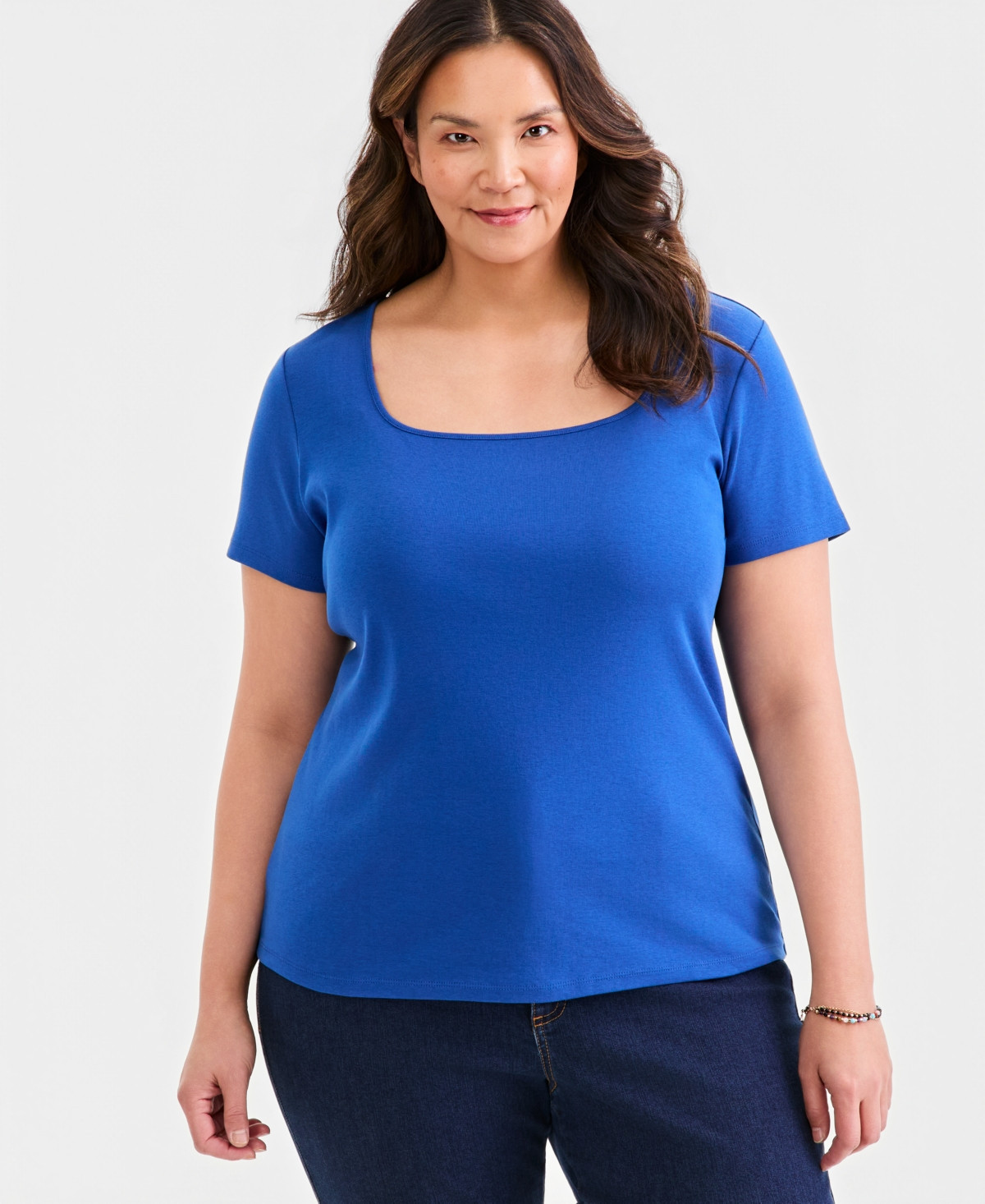Style & Co Plus Size Short-Sleeve Square-Neck Tee, Exclusively at Macy's - Blue Echo | Macy's