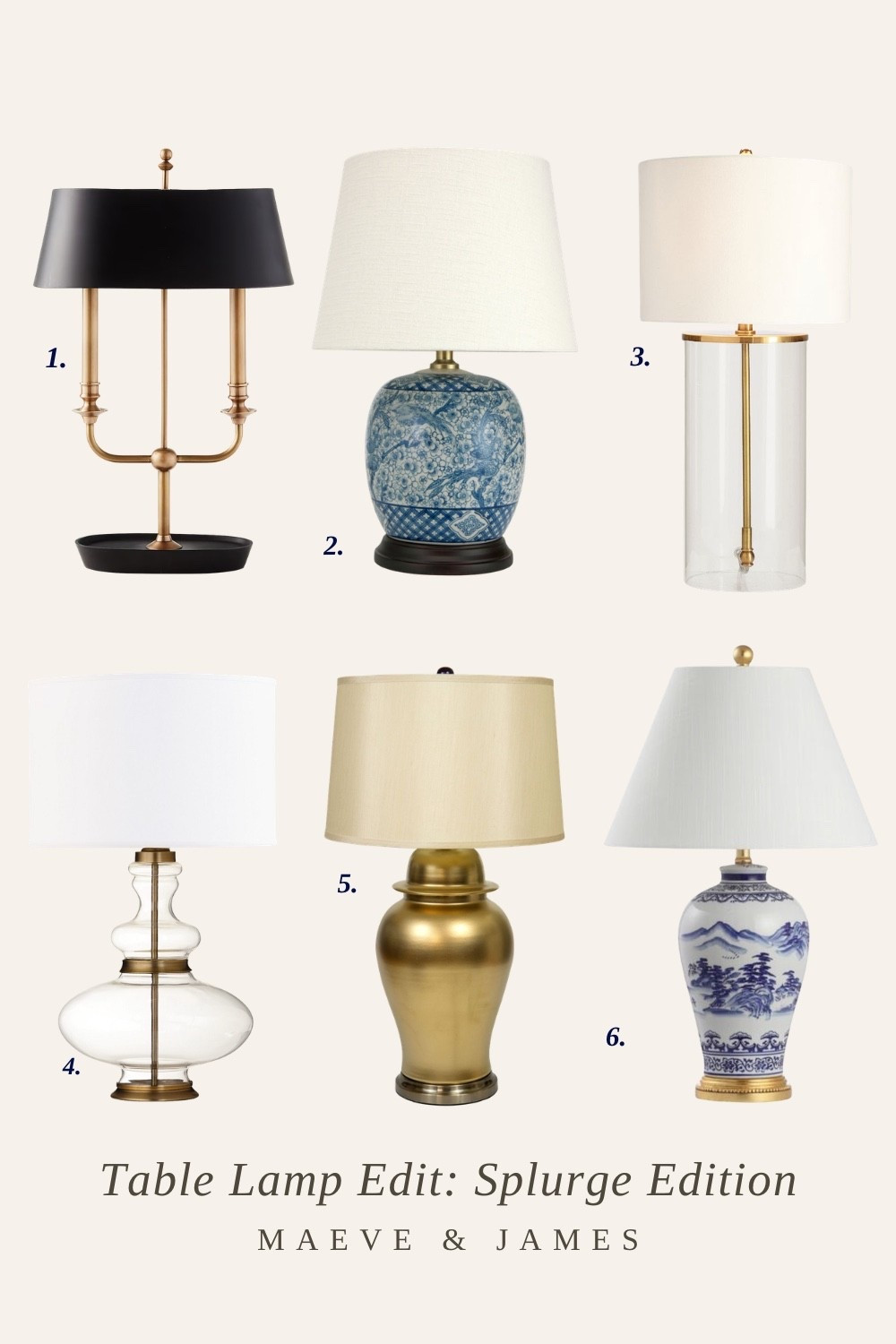 A well-chosen lamp does more than provide light—it adds atmosphere, character, and a sense of permanence to a room. These six splurge-worthy table lamps are timeless pieces designed to elevate traditional, collected interiors for years to come.

With classic materials, beautiful proportions, and enduring style, each one brings warmth and sophistication to living rooms, bedrooms, entryways, and beyond.

Save this edit for future inspiration when investing in lighting that will never feel dated.

1. Rosedale Double Arm Table Lamp; 2. Handmade 20" Classic Blue and White Porcelain Jar Lamp; 3. Aria Glass Table Lamp ; 4. Mila Blown Glass Table Lamp; 5. Golden Temple Jar Lamp; 6. Vera Chinoiserie Table Lamp

Follow my LTK @Maeve&James on the @shop.LTK app to view this post and shop this look! 

#ClassicHomeDecor #TimelessInteriors #TraditionalHome #MaeveAndJames

#LTKHome