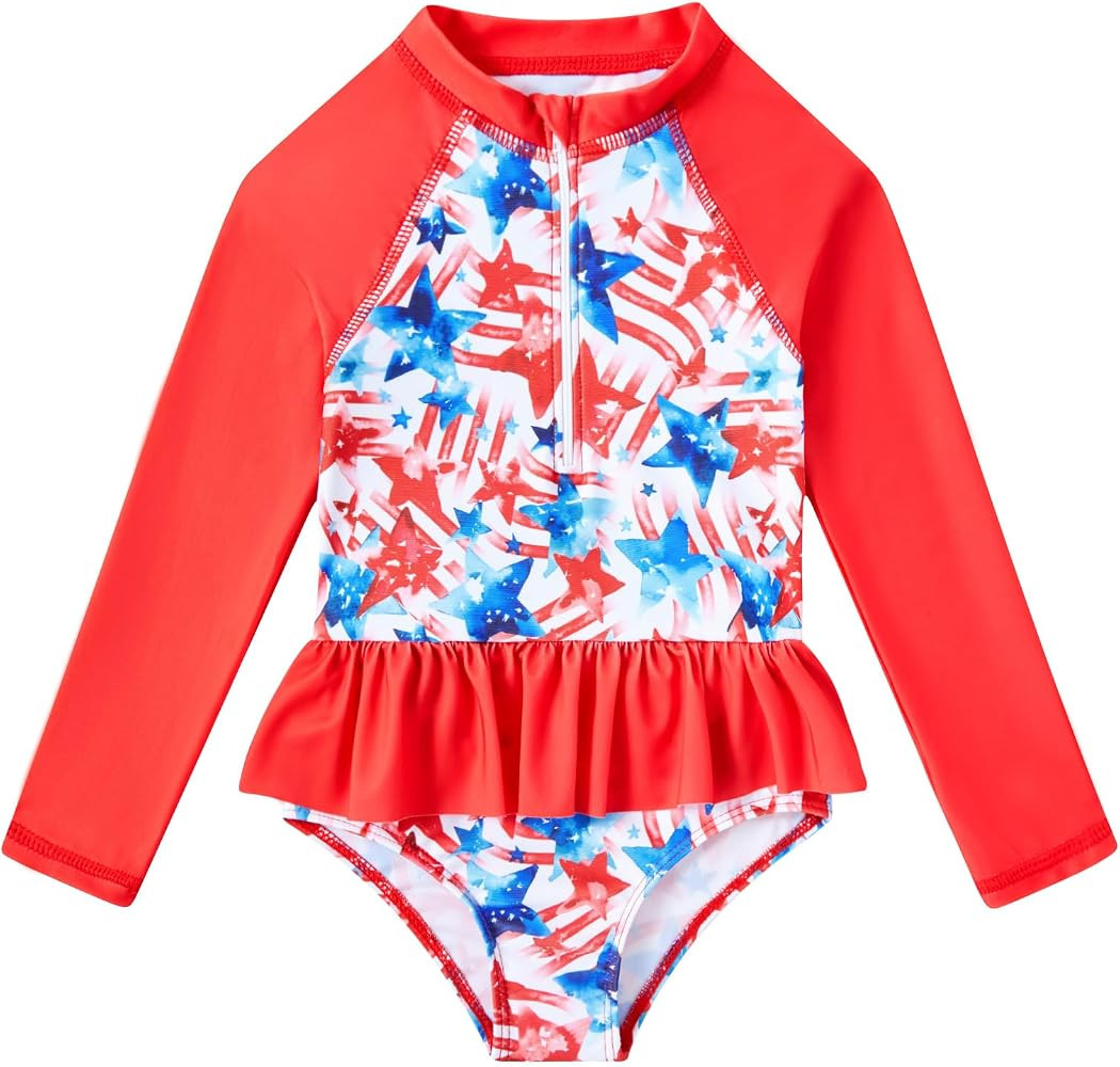 RAISEVERN 1-7 Years Girls Rashguard Swimsuit Long Sleeve One Piece Zipper Bathing Suits with Ruff... | Amazon (US)