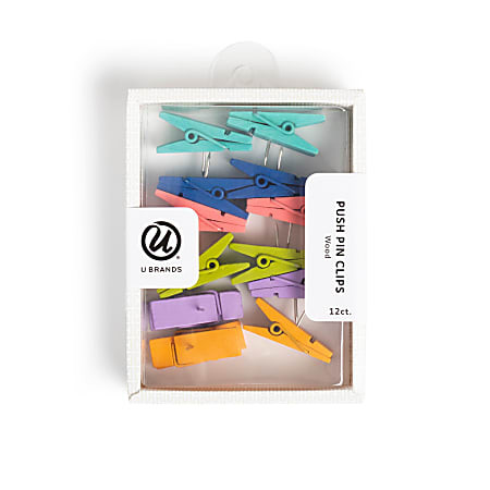 U Brands Wood Clothespin Push Pins Assorted Colors Set Of 12 Pins - Office Depot | Office Depot and OfficeMax 