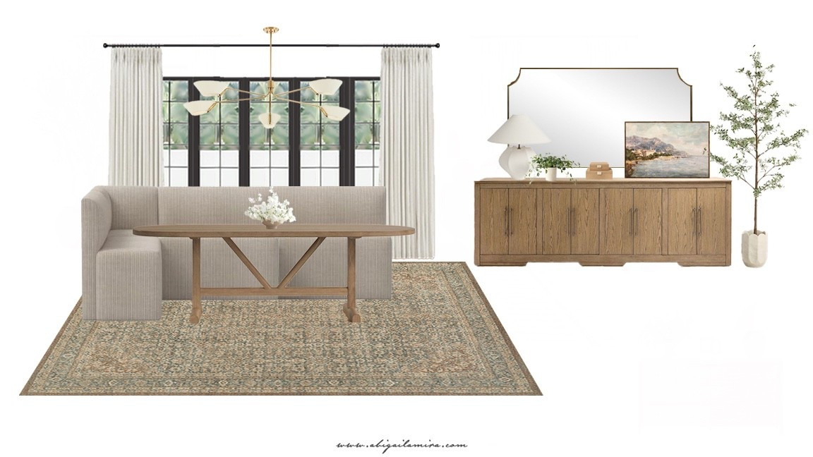 A timeless dining room design blending soft curves, warm wood tones, vintage style rug, and sculptural lighting for an inviting feel. See the full post on abigailamira.com

#LTKHome