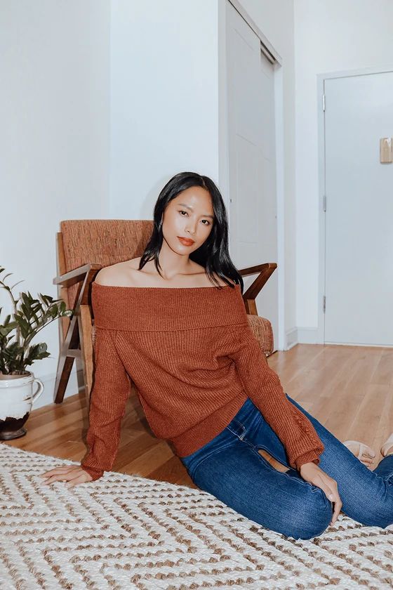 Cozy Love Rust Red Ribbed Off-the-Shoulder Sweater | Lulus (US)