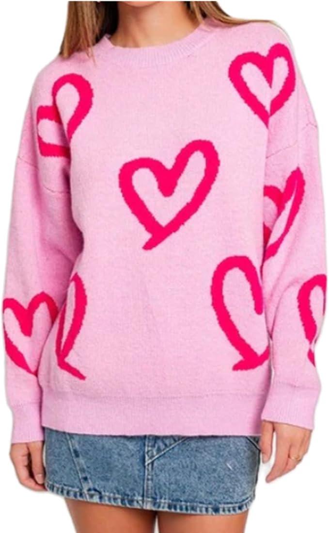 Women Heart Sweaters Long Sleeve Loose Fit Pullover Tops Valentines Day Knit Sweater for Teen Gir... | Amazon (US)