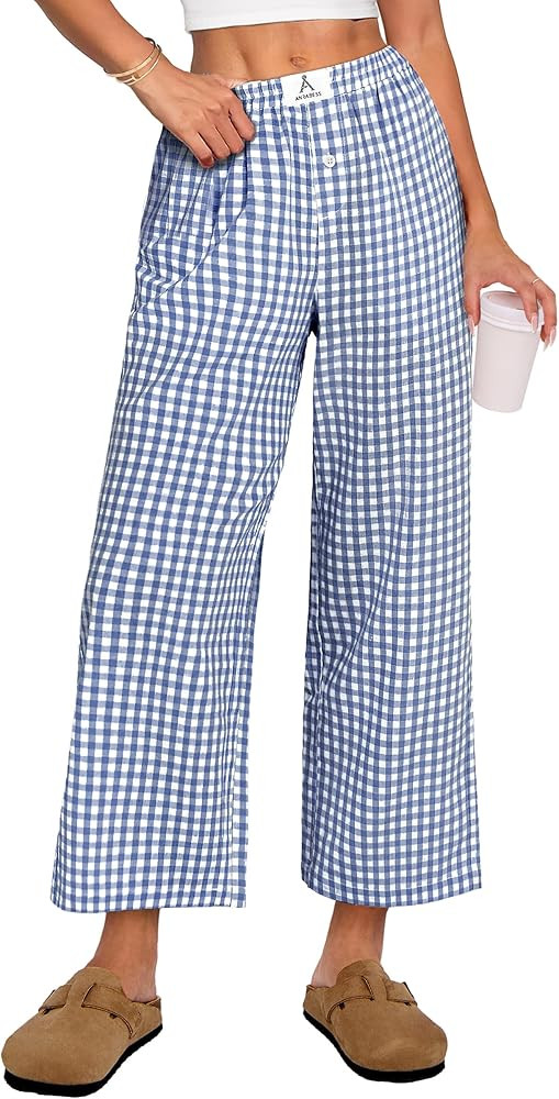 ANRABESS Womens Gingham Striped Pants, Palazzo & Cropped, Comfy & Cute, Lounge Pajama Plaid PJ Bo... | Amazon (US)