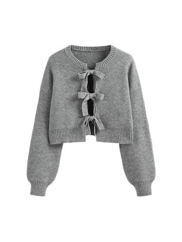 CIDER Women Round Neck Tie Front Cardigan Bowknot Crop Sweater Grey | Amazon (US)
