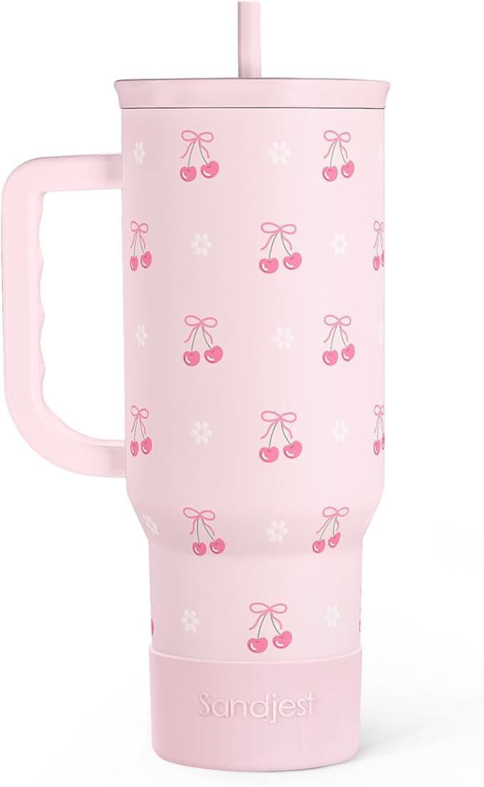 SANDJEST Cherry 40oz Slider Tumbler with Handle and Straw - Insulated Stainless Steel Travel Coff... | Amazon (US)