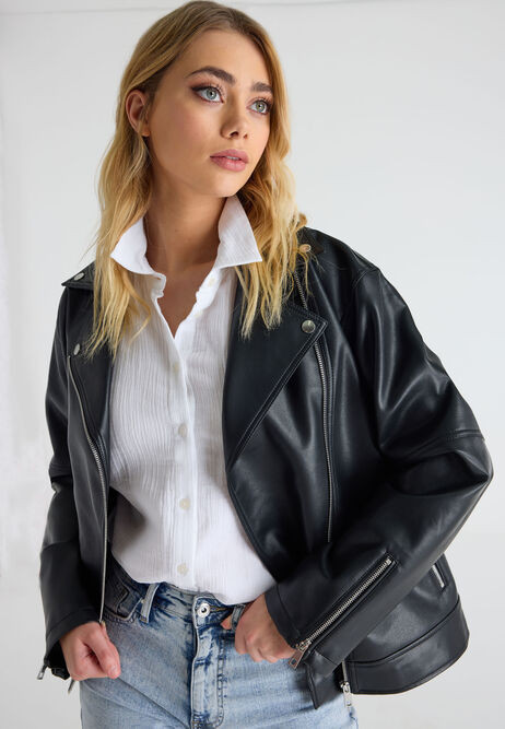 Womens Black PU Oversized Biker Jacket | Peacocks