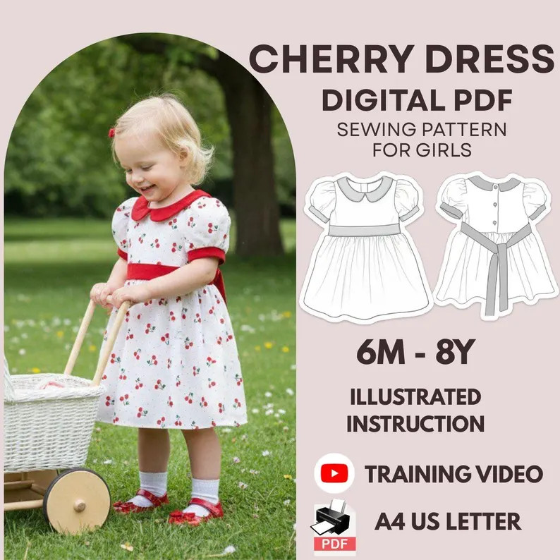 Peter Pan Collar Girl Dress Sewing Pattern | Puffed Sleeve, Back Sash (PDF Pattern 6M-8Y) | Etsy (US)