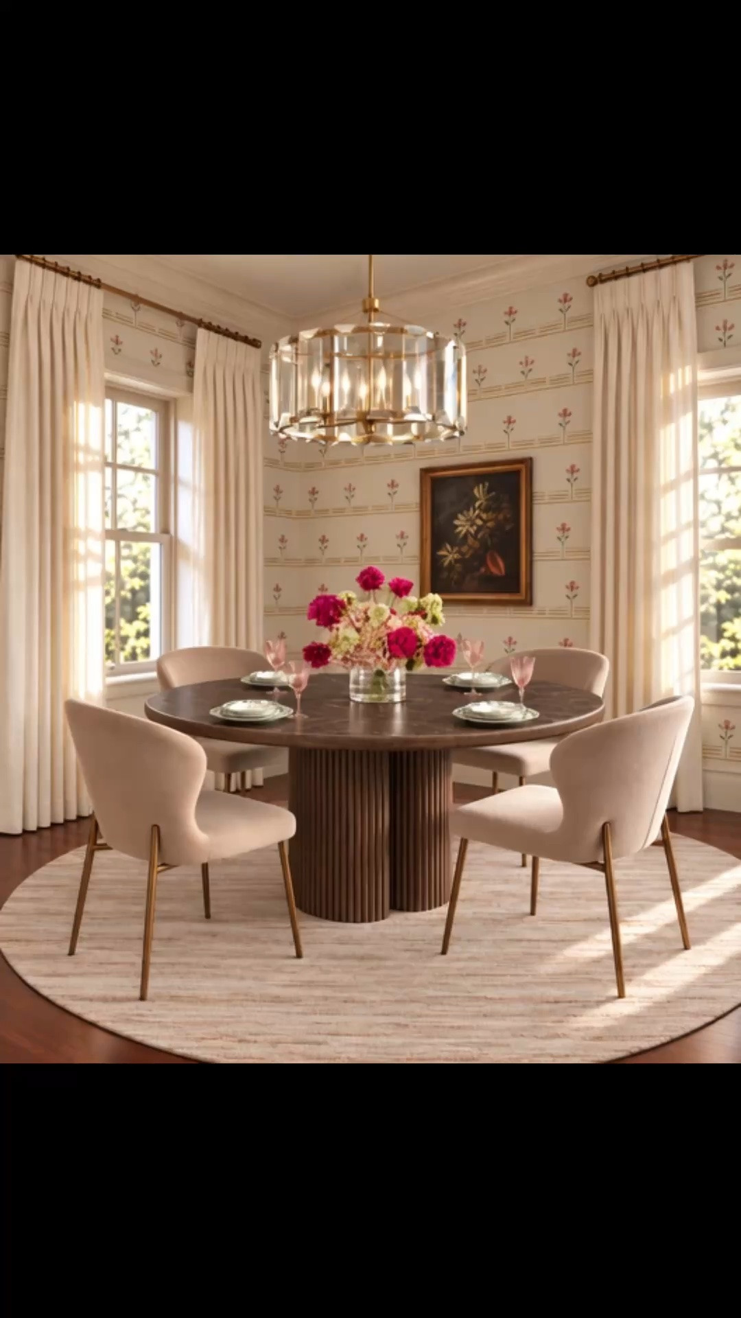 A round dining table always makes a dining space feel a little more intimate — perfect for slow dinners, weekend brunches, and all the gatherings ahead. I love how this room brings together warm chocolate tones, soft blush upholstery, creamy drapery, and subtle brass details for a look that feels sophisticated but still relaxed and welcoming.

The round marble dining table really anchors the space, pairing a deep Espresso top with a warm Chestnut reeded base for beautiful texture and dimension. The softly sculpted high-back dining chairs add an elegant curve around the table, while the hand-knotted round rug underneath keeps everything feeling warm, soft, and grounded.

Overhead, the crystal chandelier adds just enough sparkle, especially when the sunlight moves through the room. The wallpaper, full-length drapes, framed art, fresh flower arrangement, dinnerware, placemats, and glassware complete the setting and give this dining nook that collected, layered feeling I love for the gathering season.

Up to 50% off at Arhaus going on now — a perfect time to refresh your dining space for the holiday and gathering season.

#DiningRoom #DiningNook #BreakfastNook #DiningRoomDecor #DiningTable #RoundDiningTable #MarbleDiningTable #DiningChairs #Chandelier #CrystalChandelier #HandKnottedRug #AreaRug #Wallpaper #Drapes #Curtains #Art #FlowerArrangement #Dinnerware #Tableware #Glassware #Tablescape #HolidayHosting #GatheringSeason #ModernChic #ModernClassic #LTKHome #LTKSeasonal #LTKSaleAlert

#LTKSeasonal #LTKHome #LTKSaleAlert