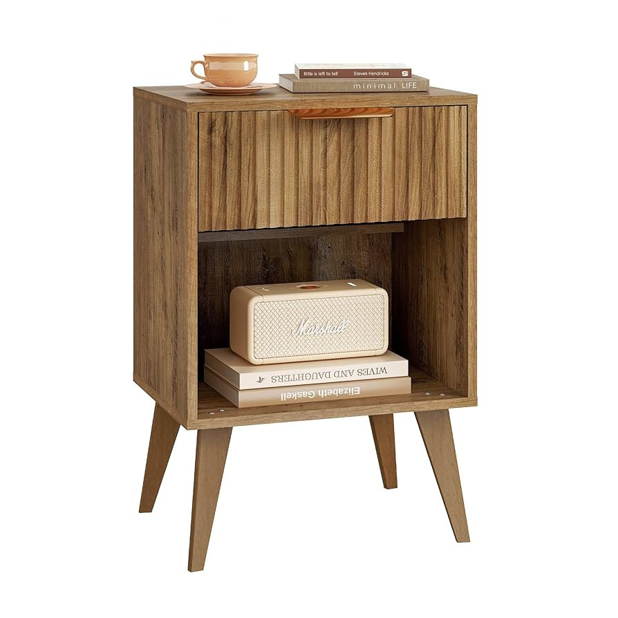 Fluted Night Stand with Opening Storage,Mid Century Bedside Table with Drawer,Wood Nightstand wit... | Amazon (US)