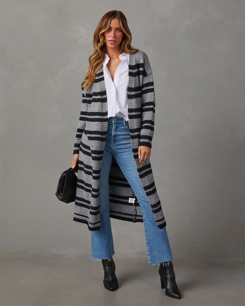 Jorja Striped Duster Cardigan - Black/Grey | VICI