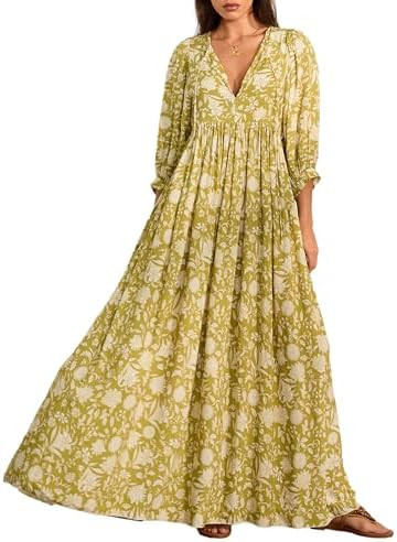 Women Summer Boho Maxi Dress 3/4 Sleeve V Neck Tie Front Maternity Dress Cotton Casual A-Line Bag... | Amazon (US)