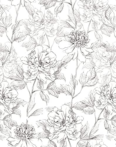 JiffDiff Floral Wallpaper Black & White Peel and Stick Wallpaper Vintage Peony Wallpaper Sketched Floral Self-Adhesive Prepasted Wallpaper Wall Decor Contact Paper Covering 30sq.ft 17.7" X 236.22" | Amazon (US)