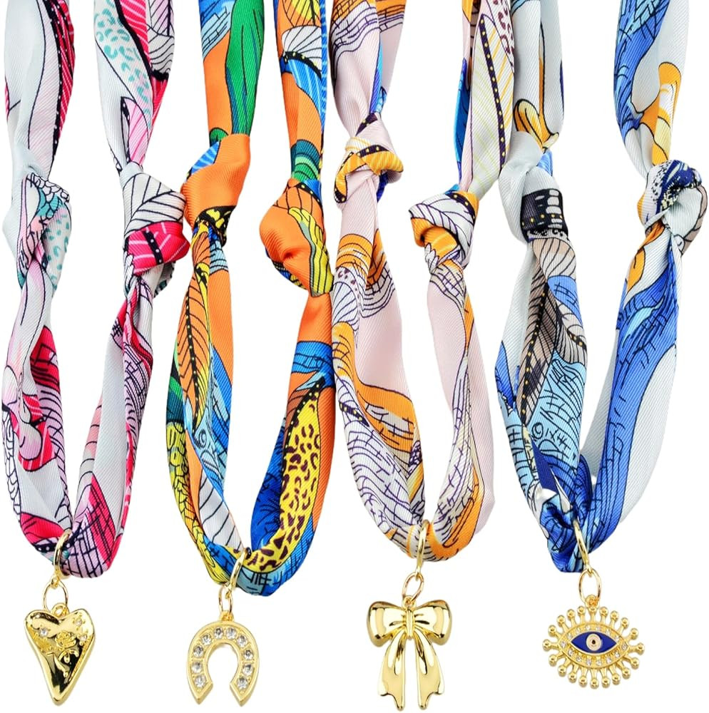 Scarf Necklace with Charm 4pack Silk Styling Scarf Charm Necklace for Women Bandana Necklace with... | Amazon (US)