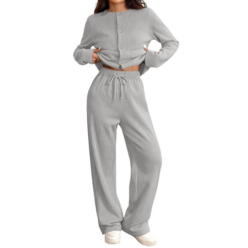 Women's Two Piece Lounge Set, Knitted Cardigan and High Waist Wide Leg Pants Outfit (Light Gray,Large) | Amazon (US)
