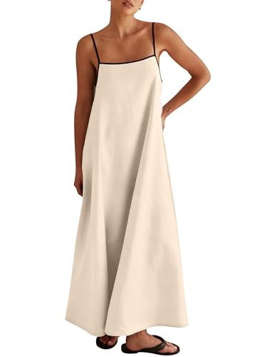 ANRABESS Womens Summer Maxi Dress Casual Spaghetti Straps Sundress Flowy Long Dresses with Pocket 2026 Beach Vacation Outfits Beige M | Amazon (US)