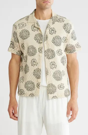 DENIM AND FLOWER Floral Print Open Stitch Short Sleeve Button-Up Shirt in Beige at Nordstrom Rack, Size Small | Nordstrom Rack