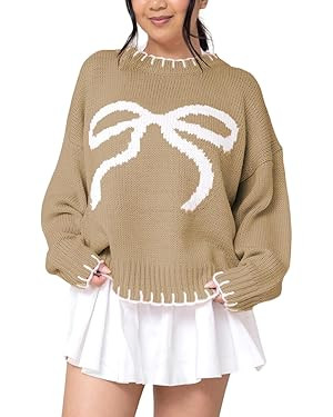 Womens 2025 Fall Sweater Long Sleeve Crewneck Cropped Knit Sweaters Plus Size Cute Bow Pullover T... | Amazon (US)