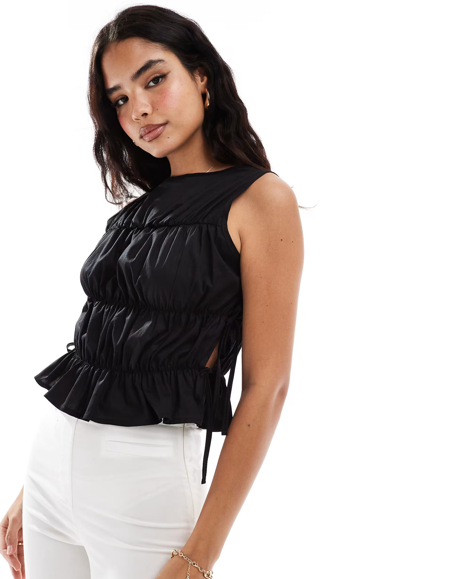 COLLUSION poplin shirred tank top with tie side in black | ASOS | ASOS (Global)