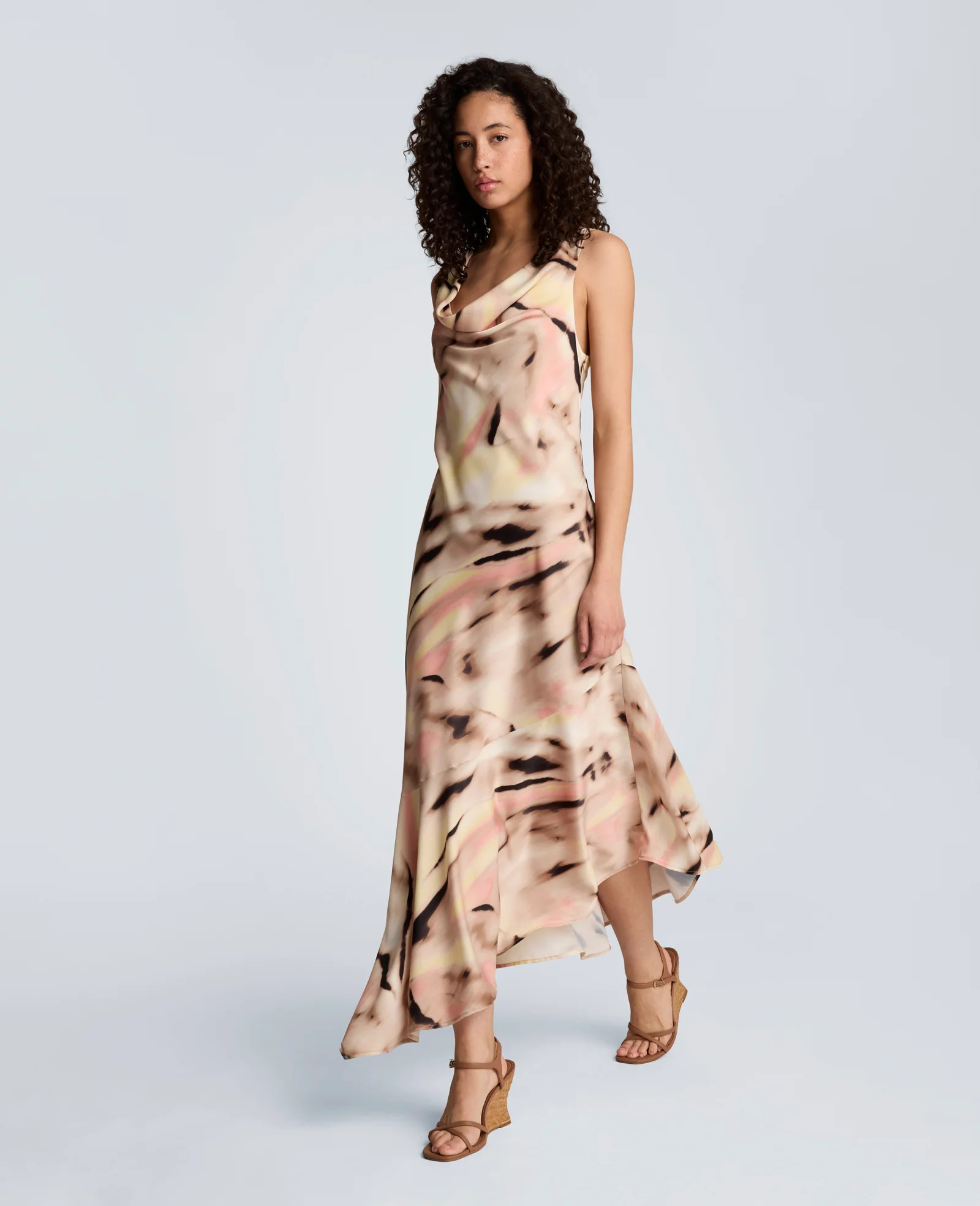 Kenneth Cole | Satin Asymmetrical Hem Cowl Neck Dress in TIMELESS TAUPE MULTI, Size: 0 | Kenneth Cole