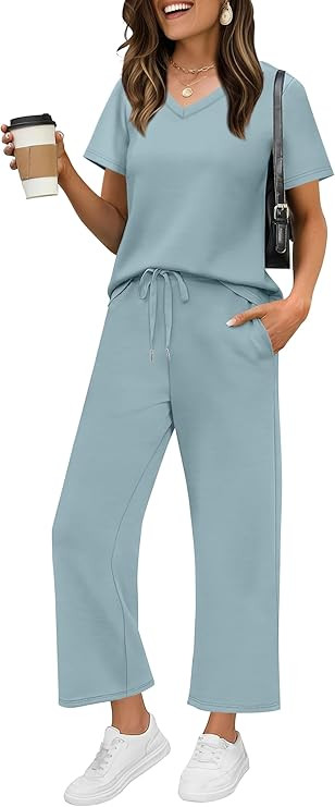 WIHOLL 2 Piece Sets for Women Summer Lounge Set Wide Leg Pants Matching Set Vacation Travel Outfi... | Amazon (US)