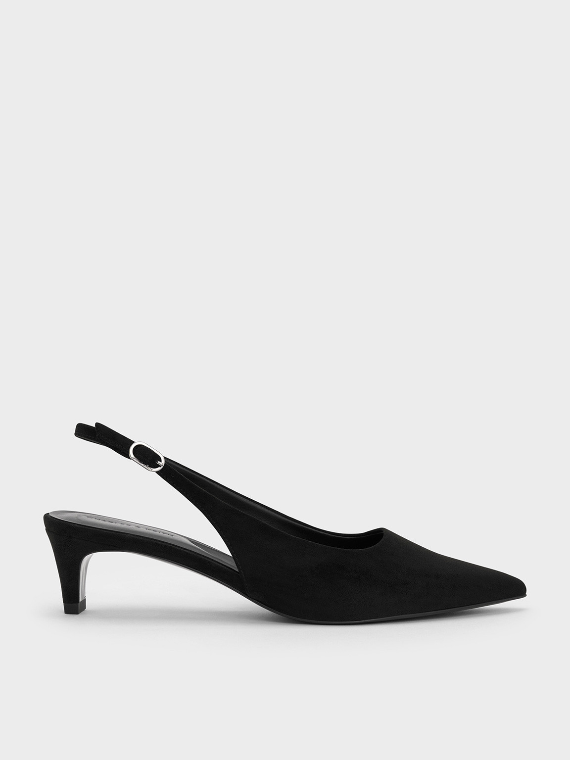 Black Textured Faux Suede Pointed-Toe Kitten-Heel Slingback Pumps | CHARLES & KEITH | Charles & Keith US