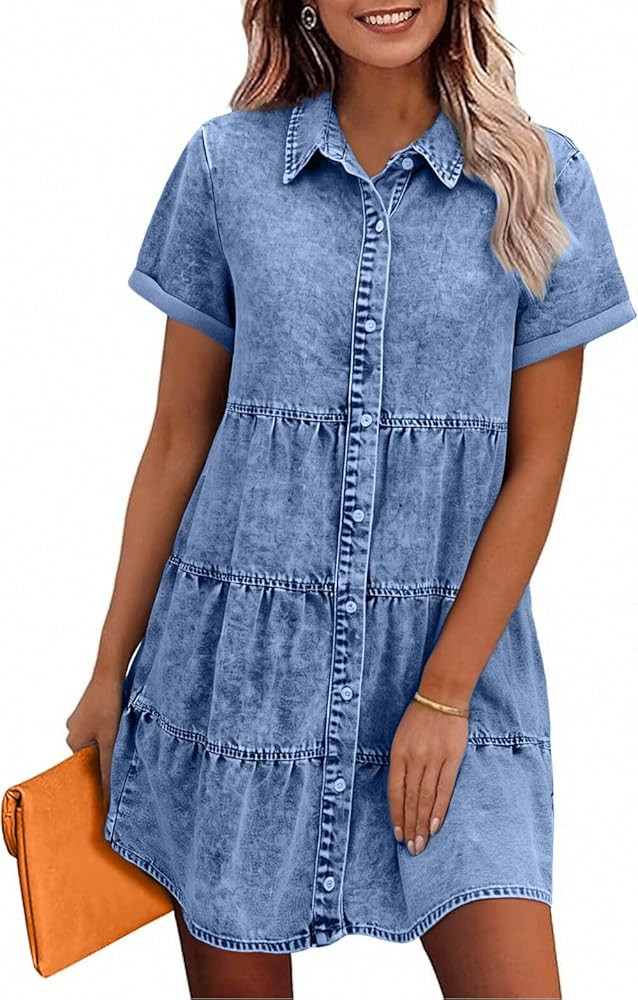 Acydar Denim Dress for Women Button Down Short Sleeves Casual Summer Jean Shirt Babydoll Denim Dr... | Amazon (US)