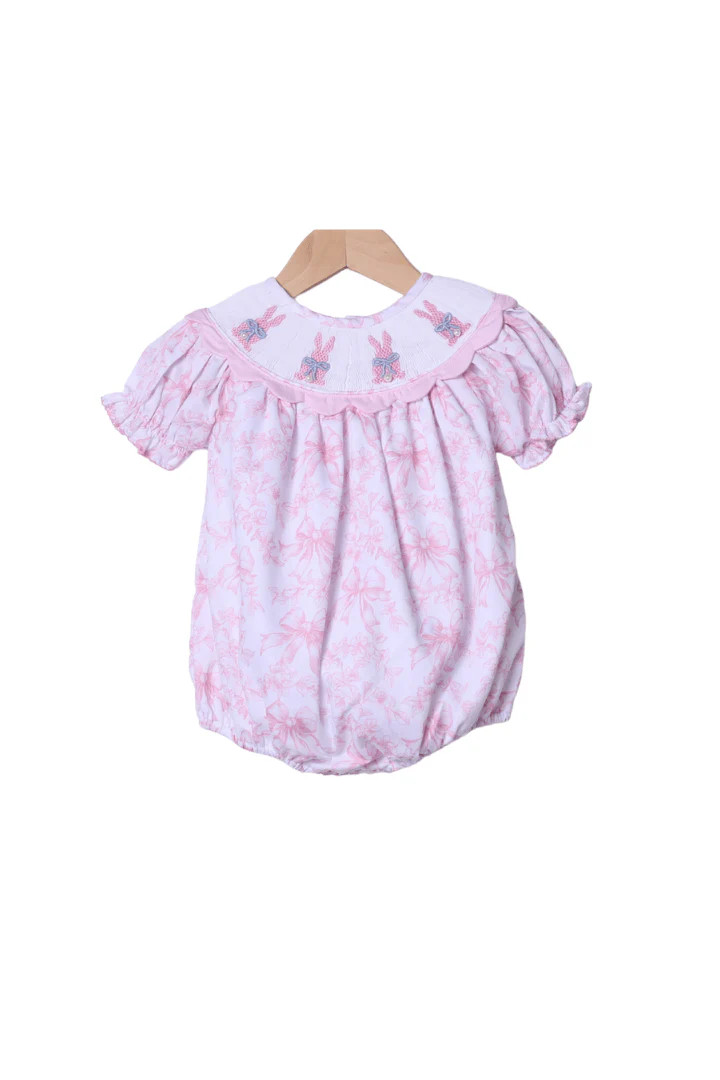 Smocked Bunny Pink Toile Pearl Scalloped Bubble | The Smocked Flamingo