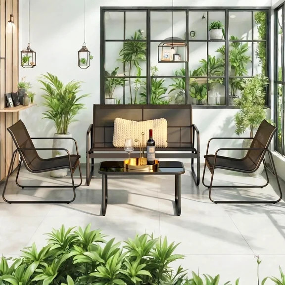 4 Pieces Patio Furniture Sets, Outdoor Coffee Table with Textilene Loveseat & Chairs for Blackyar... | Walmart (US)