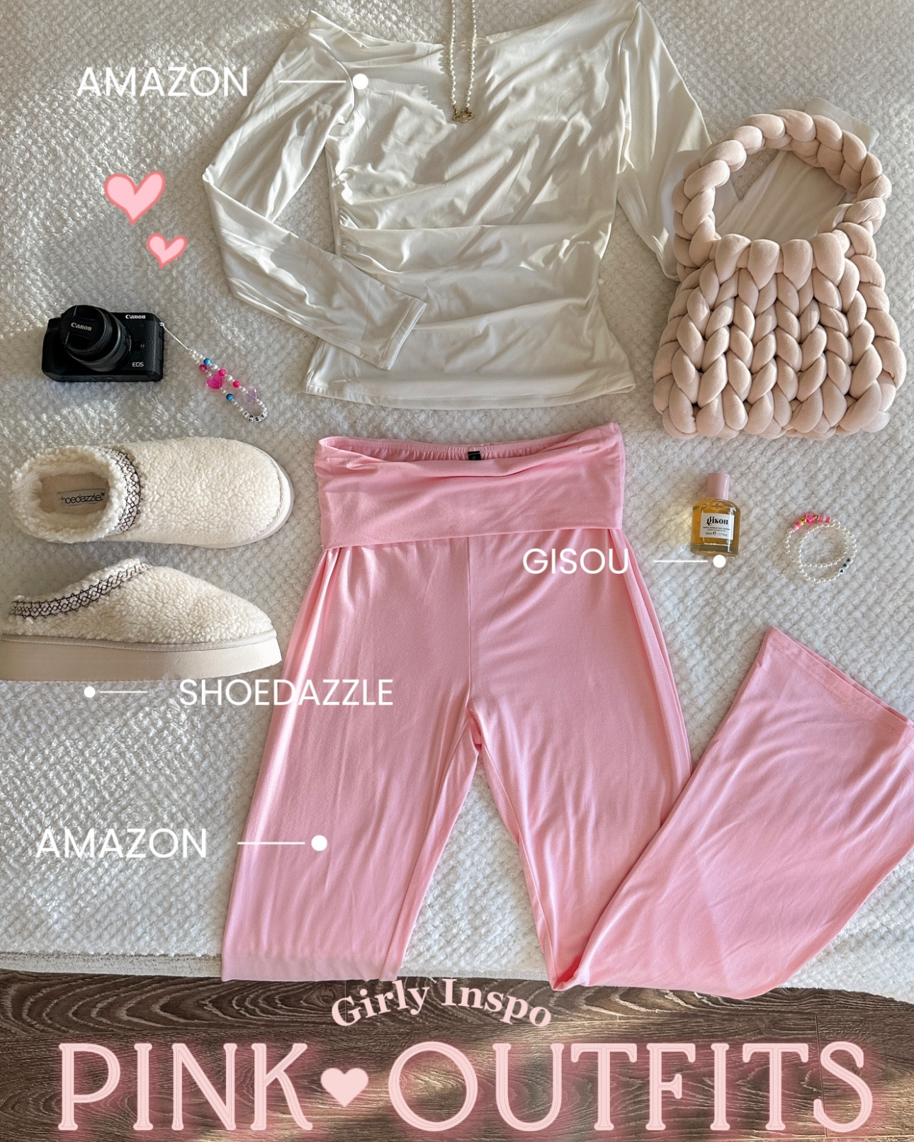 Do you love the girly pastel aesthetic but struggle to style it for fall (especially when darker tones are trending)? I certainly do lol ~ but here are some of my favorite light, colorful fits that work great during this transitional season 🥰🌸🍂
 🩷 PILATES PRINCESS: These flared pants are giving major yoga vibes! Whether you wear them for a workout or lounging, they look so cute paired with this long sleeve boat neck top and fuzzy slides. The chunky crochet bag is a trendy statement style, which is balanced out by its neutral beige hue 🫶 • Top: Qinsen (via Amazon) • Pants: Merokeety (via Amazon) ~ these are actually part of a matching set that comes with a cute short sleeve tee to style them with :) • Shoes: Shoedazzle (via JustFab) • Purse: Amazon • Bracelets: Amazon • Hair perfume: Gisou 
 🦢 PARISIAN VIBES: I had to break out this vintage beret for a cute Euro-vibes fit. Add a pearl necklace, patent mary janes, and a pastel top and you have a colorful & girly look 🩷 • Beret: Thrifted • Top: Zesica (via Amazon) • Skirt: Glassons • Shoes: Target • Perfume: Gucci Envy Me (via Sephora) • Purse: Urban Outfitters • Flower claw clips: Amazon • Pearl necklace: Amazon (meant to resemble the Vivienne Westwood one)
 🌷 OFF DUTY: This hot pink off-the-shoulder top gives me so much dopamine 🥹 Balance it out with some casual, neutral pants and comfy Adidas Sambas and you’re ready to go! • Off-the-shoulder top: Qinsen (via Amazon) • Pants: Qinsen • Shoes: Adidas Sambas (via Urban Outfitters) • Bag: Amazon • Perfume: Gucci Bloom (via Sephora) • Y2k sunnies: Amazon • 3D floral choker: Amazon 
 #pinkoutfitideas #pinkaesthetic #falloutfitideas #pink 

#LTKStyleTip #LTKFindsUnder50 #LTKSeasonal