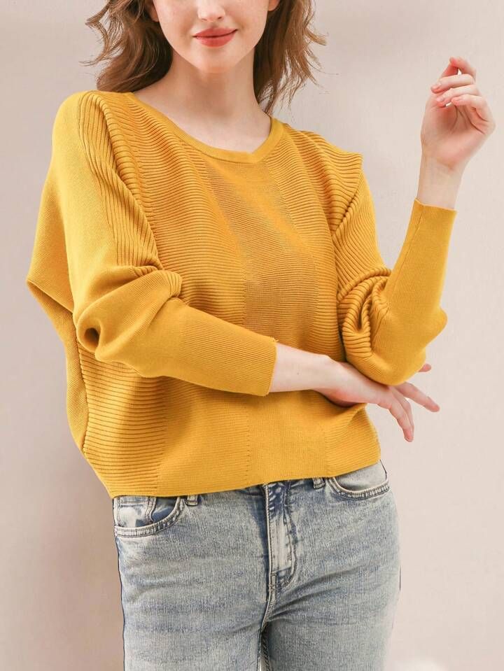 Solid Batwing Sleeve Ribbed Knit Sweater | SHEIN