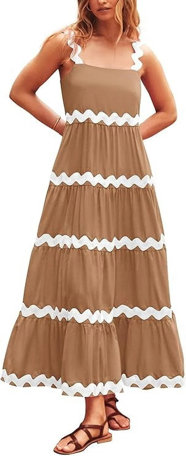 PRETTYGARDEN Women's Summer Maxi Sundress Spaghetti Strap Rickrack Ruffle Flowy Boho Casual Beach... | Walmart (US)