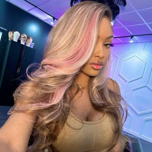 Ombre Ash Blonde Pink Lace Front Wig Human Hair 13x4 Skunk Stripe Highlight Colored Body Wave HD Frontal Wigs Human Hair 180% Density Pre Plucked with Baby Hair Pink Balayage Glueless Wig 26 Inch | Amazon (US)