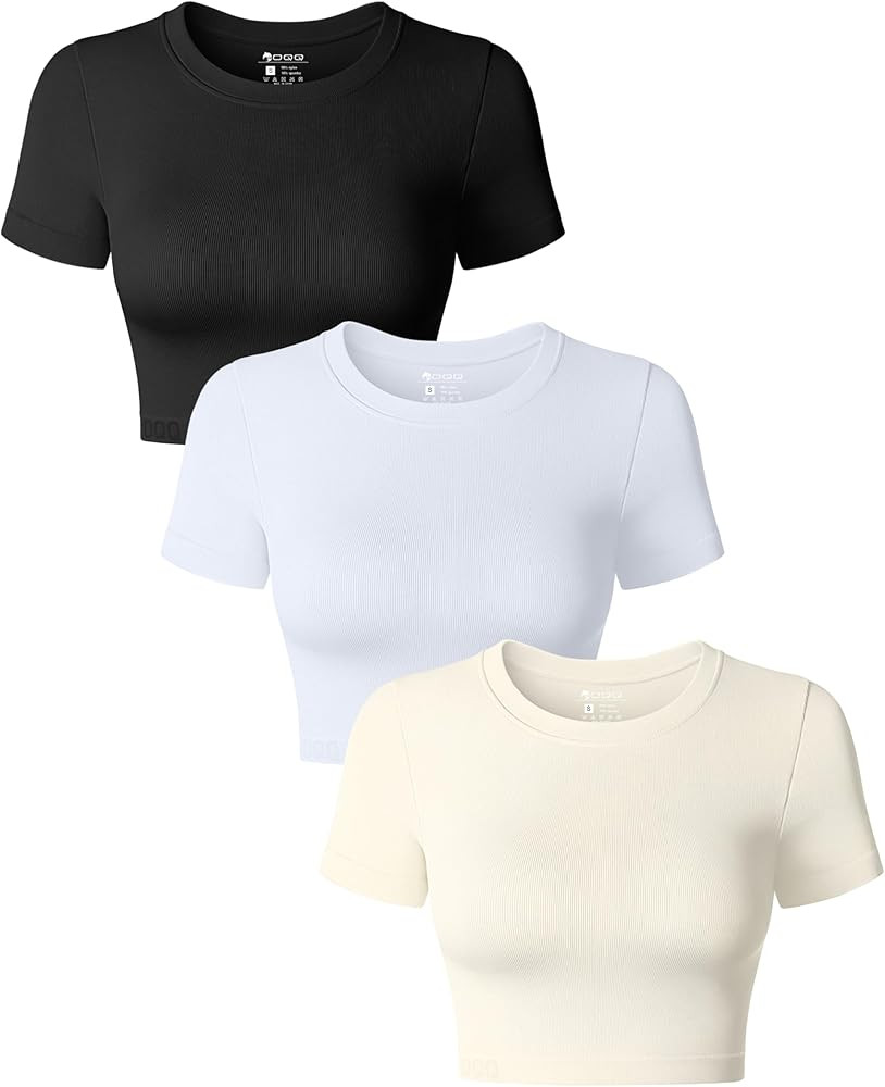 OQQ Women's 3 Piece Crop Tops Crew Neck Shorts Sleeve Stretch Fitted Shirts Crop Tops | Amazon (US)