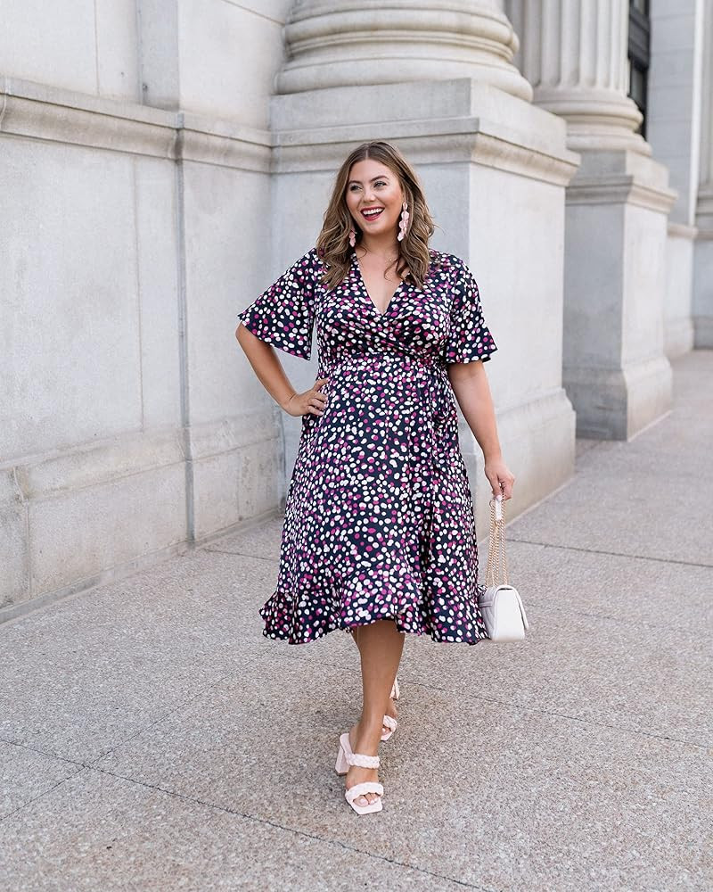 The Drop Women's Plus Size Pink Dot Print Wrap Waist Tie Maxi Dress by @Caralynmirand | Amazon (US)