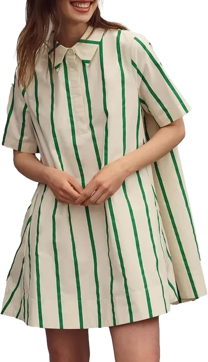 SCOFEEL Women Mini Shirt Dress Striped Short Sleeve Button Down Summer Casual Swing Dress | Amazon (US)