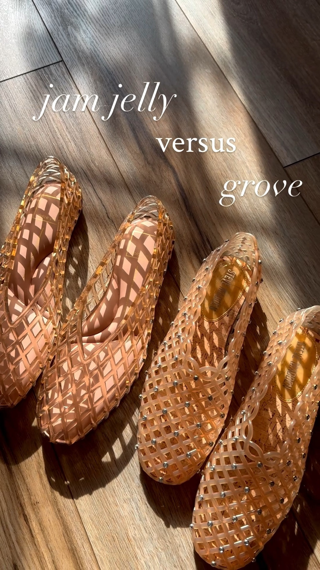 comparing two of the most popular jelly flats of the summer! the jam jelly jelly flat by dolce vita and the grove jelly shoe by steve madden. both in my normal size 7. both in the similar mocha colors.

both are beautiful, comfy, nostalgic and around the same price point, but one just stands out a little more for me…

I thought I would have preferred the jam jelly because of the flattering shape and memory foam, but the sparkly grove jelly shoes surprised me!

the steve madden grove rhinestone jelly flats are a little more lightweight and the higher shoe opening helps the shoe be more firm fitting. 

both were easy to walk in, but the grove was just a little better imo. the jelly material is lighter, a little more gummy/stretchy and the fit feels more natural to the foot. 

I still looove the jam jelly and I plan on trying them in a size small smaller, and the clear color.

#LTKootd #LTKSeasonal #LTKstorytime